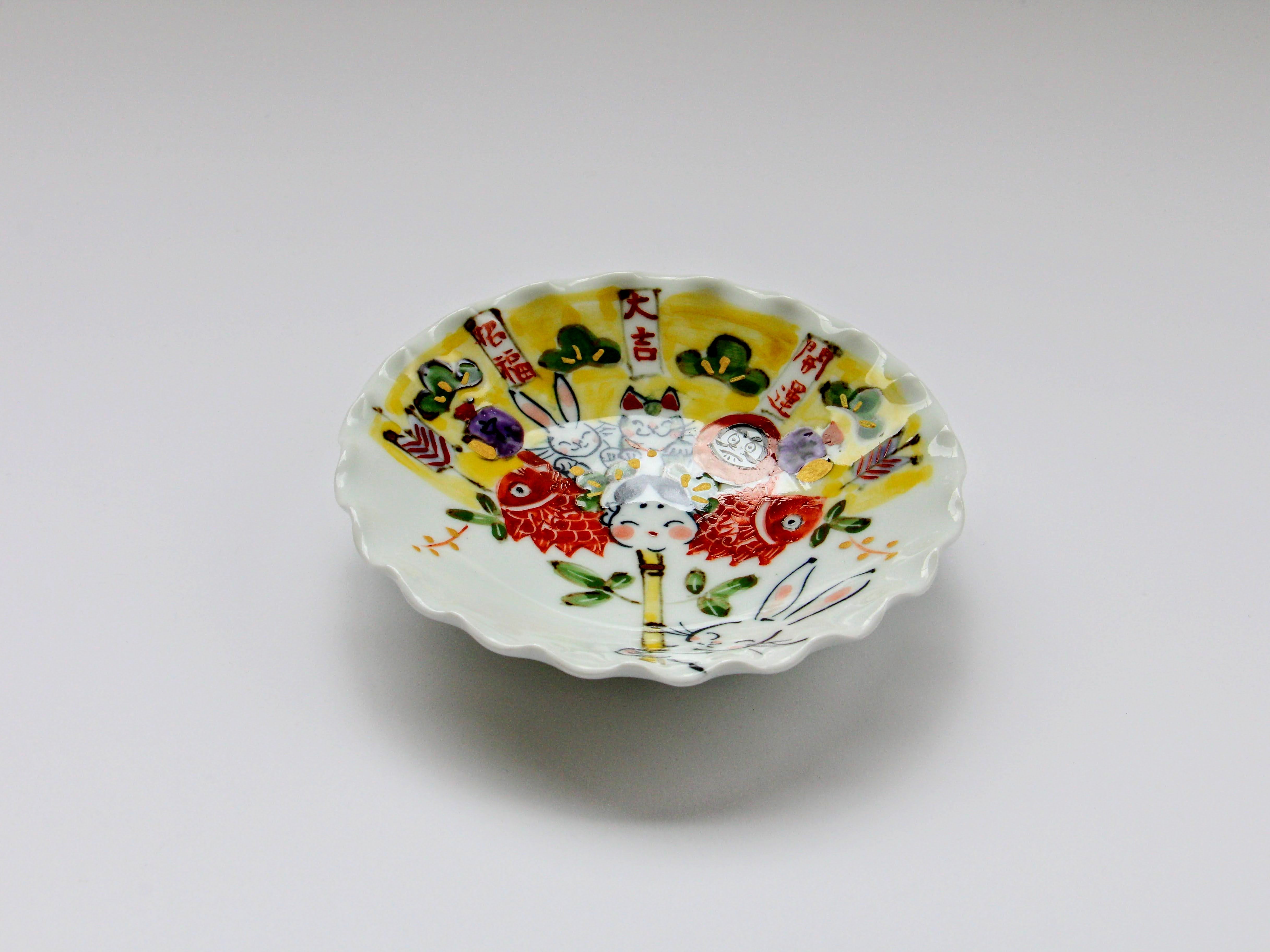 手作り4寸絵皿 熊手【陶工房楽】