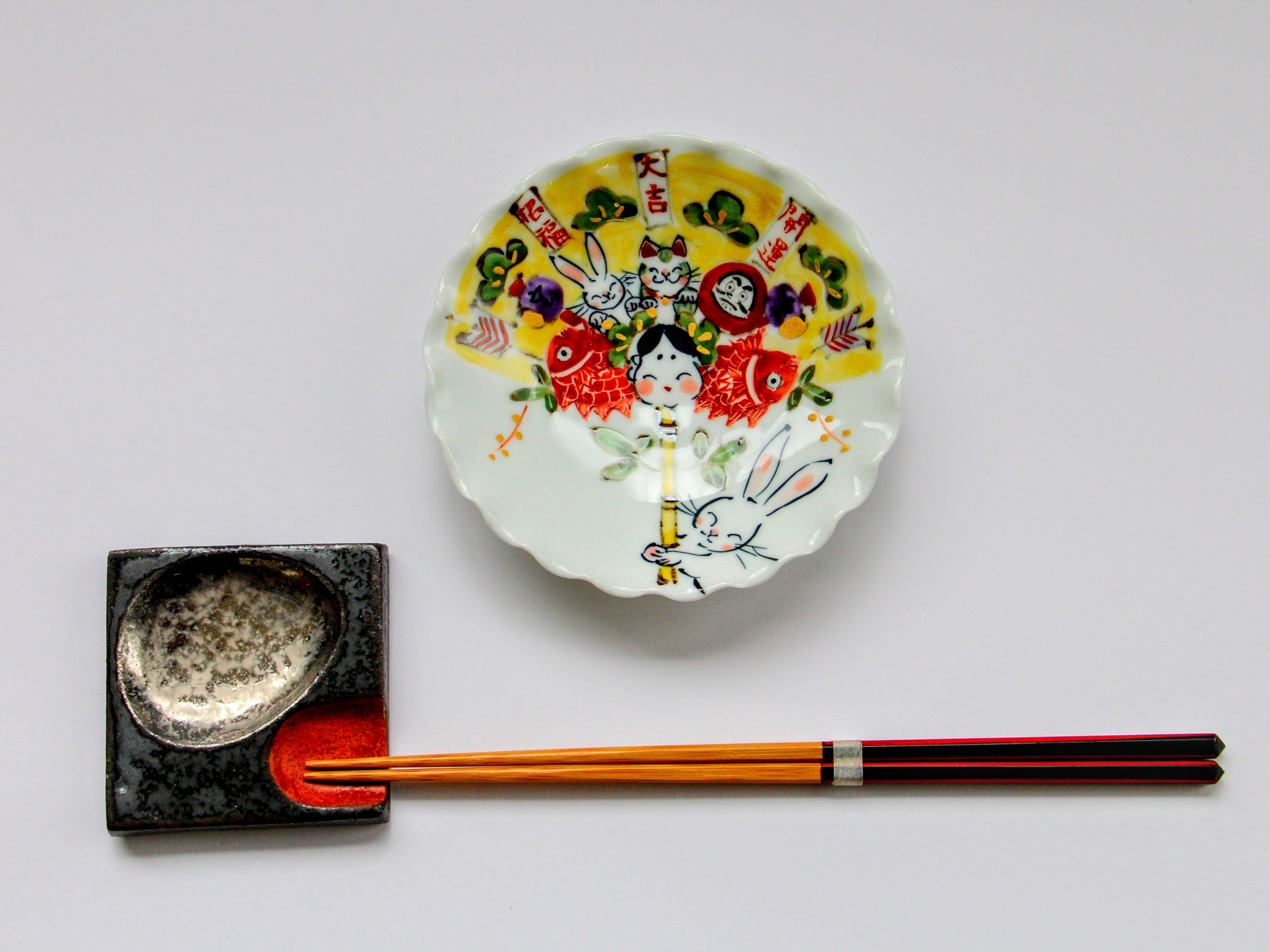 手作り4寸絵皿 熊手【陶工房楽】