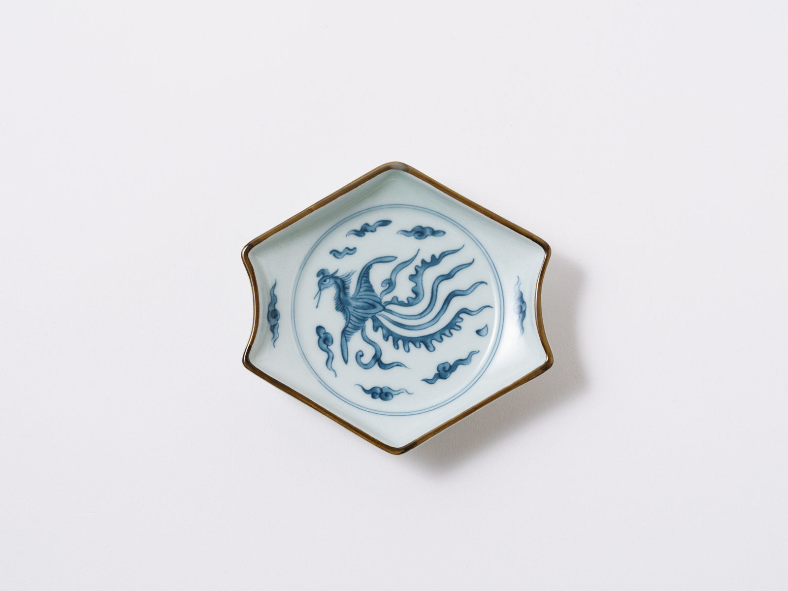 染付鳳凰絵長六方豆皿【徳幸窯】