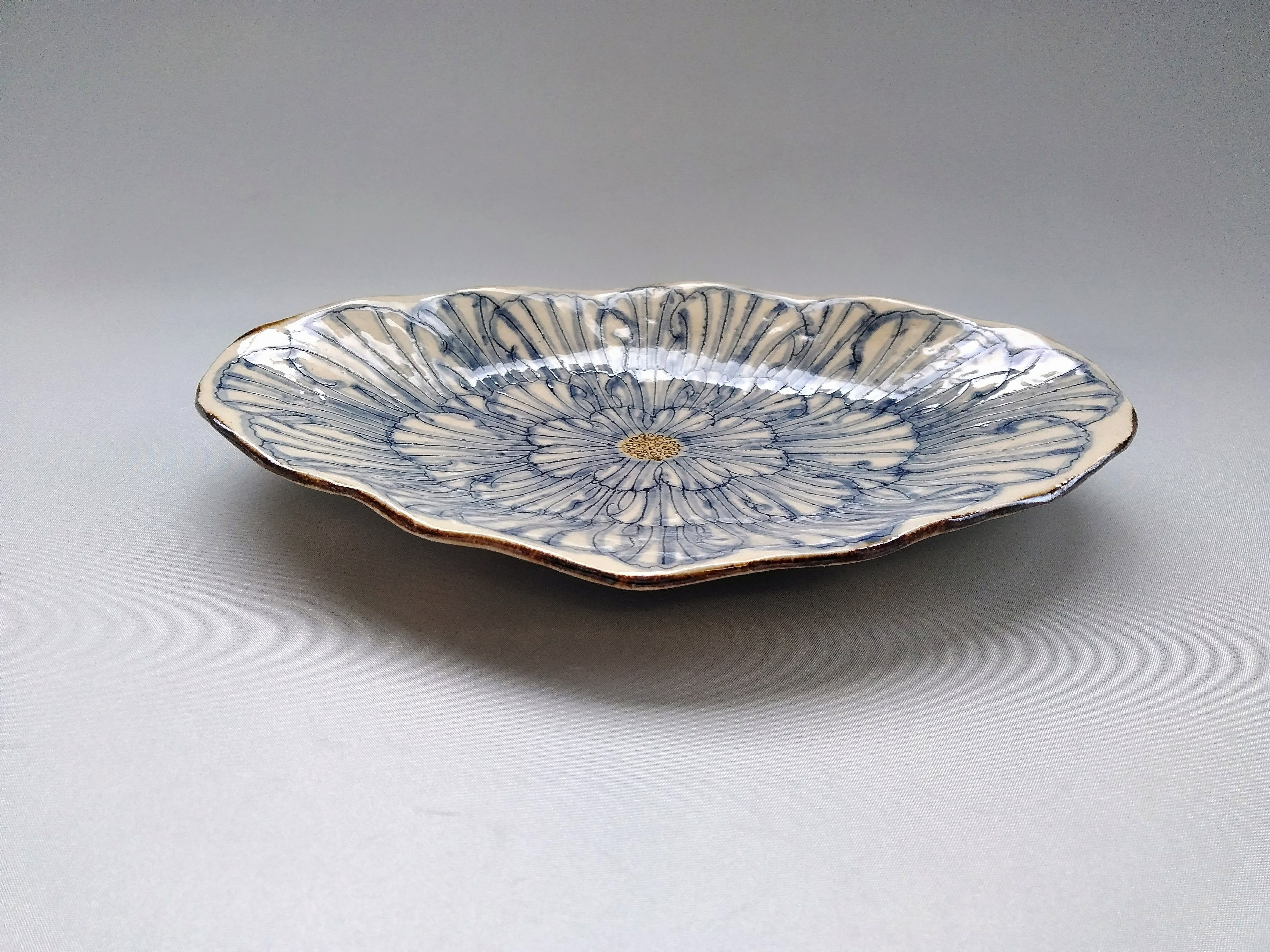 牡丹花舟形皿 青【加藤芳平】