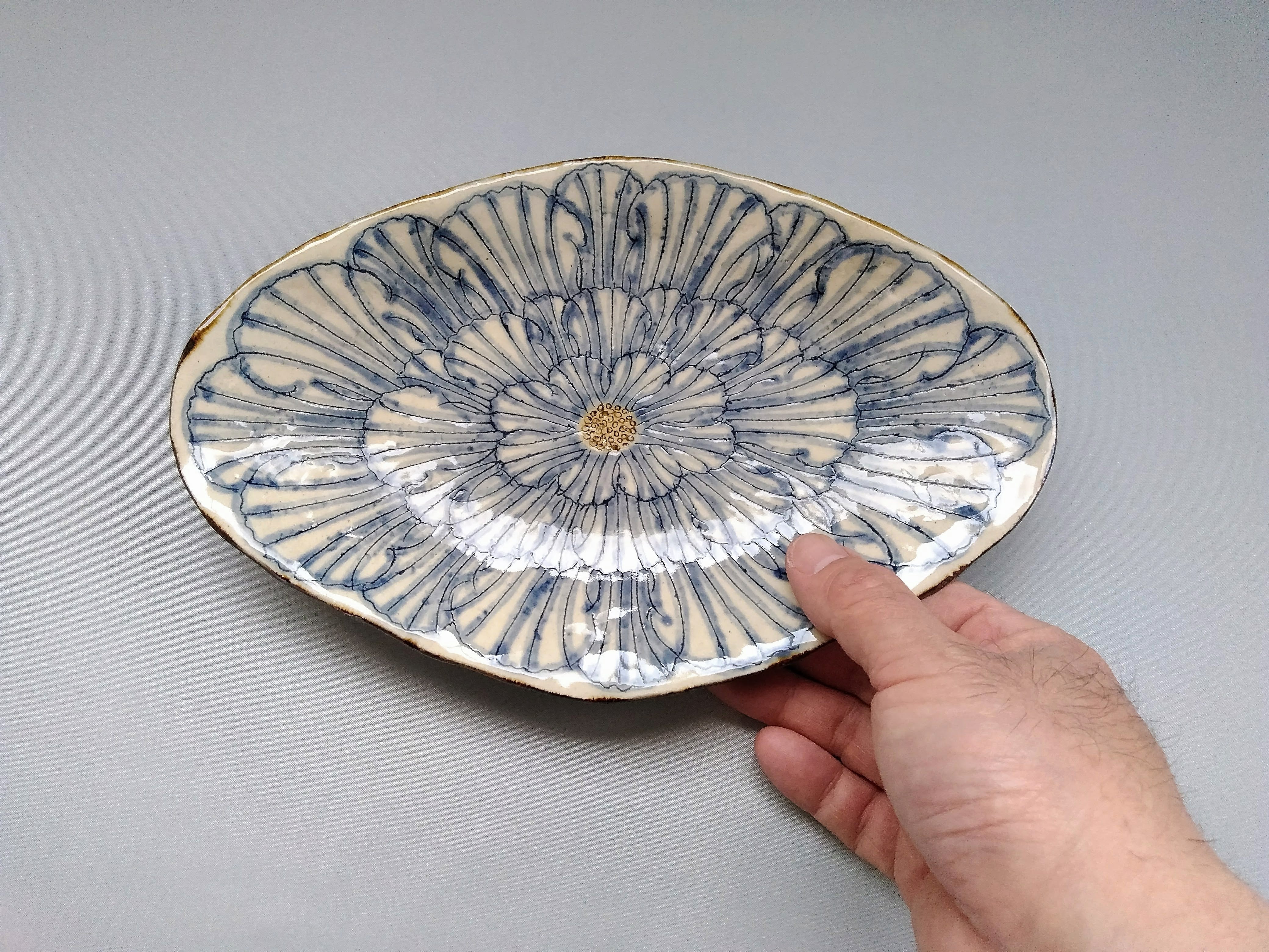 牡丹花舟形皿 青【加藤芳平】